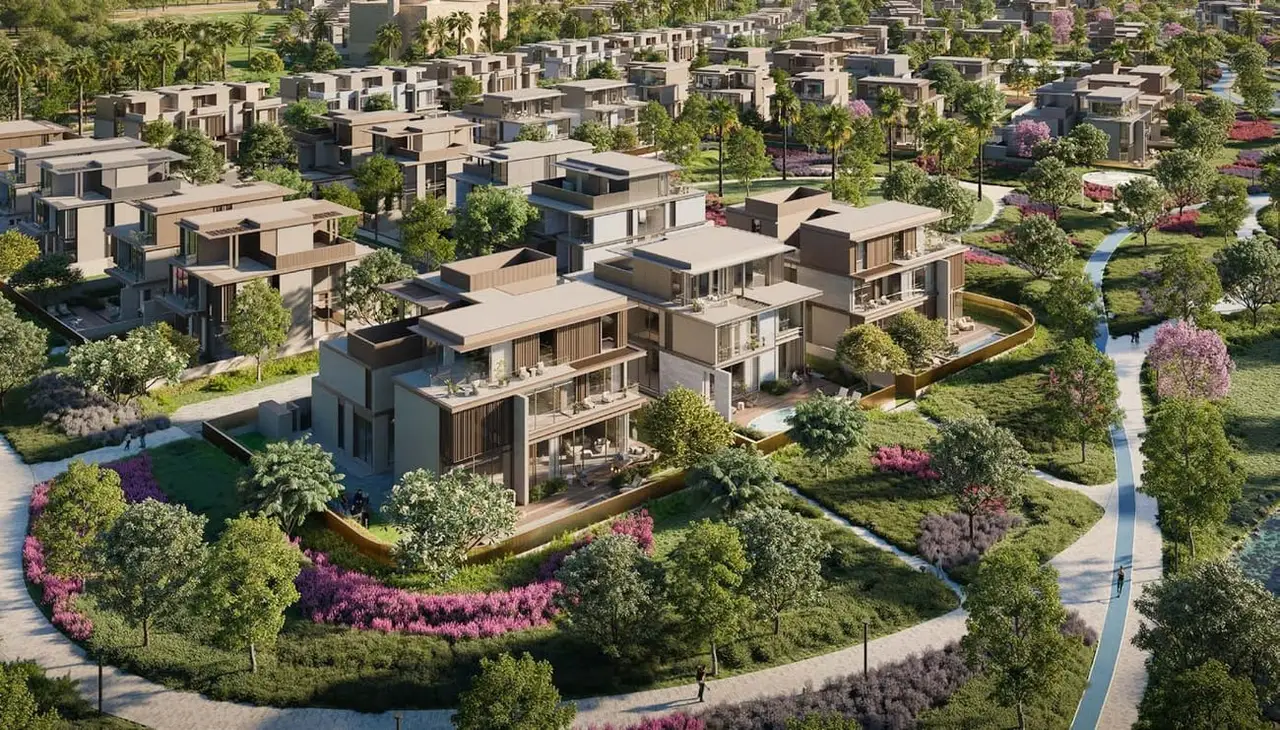 Aerial view of standalone villas beside a park and the cycling track