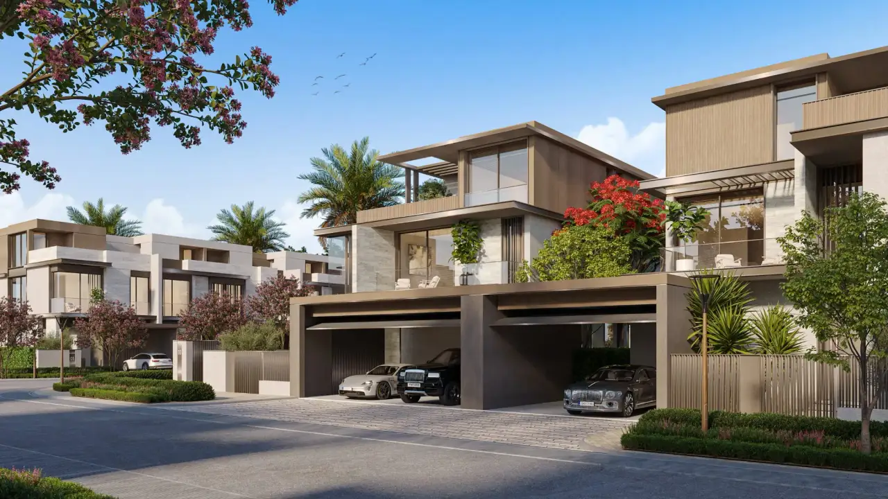 Villa street with covered parking and landscaped verges
